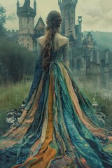 Fototapeta premium A fantasy portrait of a fairytale princess wearing a dress made entirely of scarves