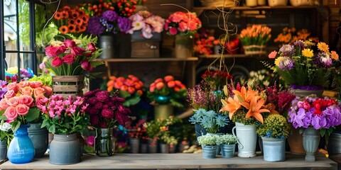 Fototapeta premium Imaginative flower shop with dreamy greenhouse decor and elegant floral arrangements. Concept Flower Shop, Decor Inspiration, Greenhouse Decor, Floral Arrangements, Imaginative Theme