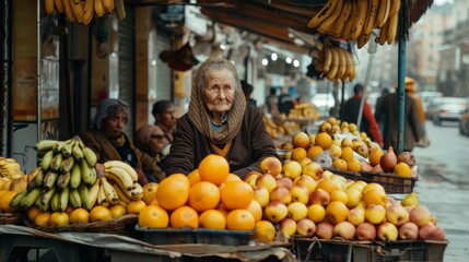 A market stall in the center of city full of bananas, apples and oranges. An old lady is sitting behind her stand selling fruits. Generative AI.