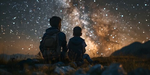 Obraz premium Father and son stargazing under night sky on Fathers Day. Concept Family Bonding, Stargazing, Fathers Day, Night Sky, Quality Time