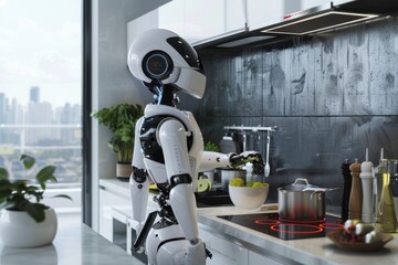 An AI-driven robot chef preparing gourmet meals in a modern kitchen