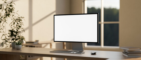 Fototapeta premium A computer with a white-screen mockup on a wooden table in a modern, minimalist home office.