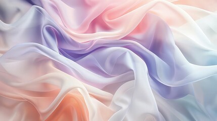 Fototapeta premium Soft pastel colored sheer fabric drapes in gentle folds creating a delicate background for beauty product advertisements isolated on white.