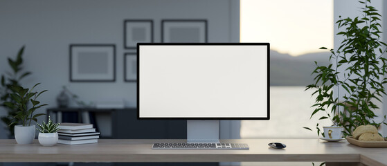 Fototapeta premium A computer with a white-screen mockup and accessories on a table in a modern private office.