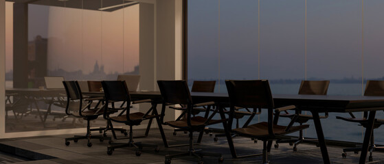 A modern formal meeting room with a meeting table near an amazing large glass window.