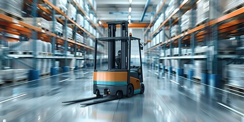 Fototapeta premium Loading pallet stacker truck with forklift equipment in warehouse. Concept Loading/unloading, Pallet stacking, Forklift operation, Warehouse management, Inventory handling