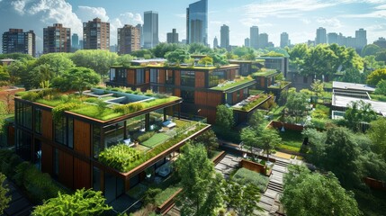 Green rooftops on urban buildings, enhancing air quality and promoting a sustainable future ecology