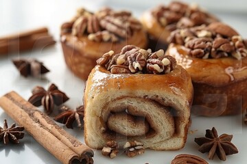 Fototapeta premium Freshly baked pecan cinnamon rolls, perfect for dessert lovers, visually appealing and inviting for a sweet treat