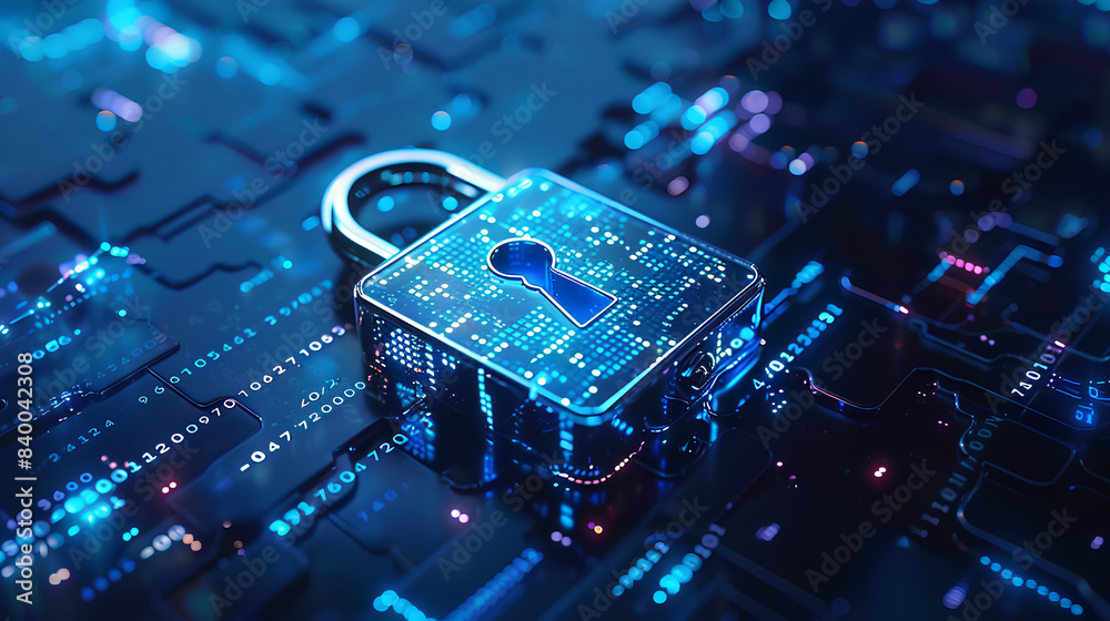 Poster digital padlock on abstract cyber security technology blue background with binary code