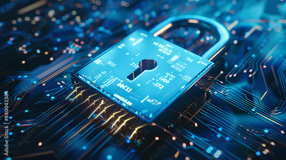 Poster digital padlock on abstract cyber security technology blue background with binary code