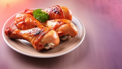 Juicy roasted or grilled chicken drumsticks on plate