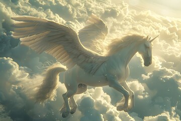 A powerful Pegasus soaring through the clouds, its majestic wings catching the sunlight