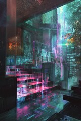 A futuristic room with a large window overlooking a city. The room is filled with technology and has a modern, sleek design