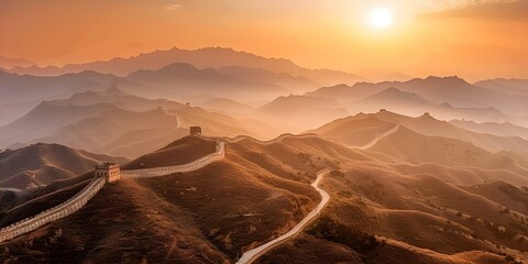 Naklejka premium Aerial shot of the Great Wall of China winding through mountains at dawn. Concept Aerial Photography, Great Wall of China, Landscape, Mountains, Sunrise
