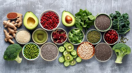 Assorted superfoods and fresh vegetables on a concrete background. Bowls of chia seeds, pomegranate, and avocado are included. Ideal for a healthy living blog.