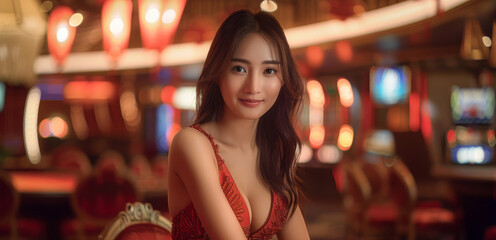 A very attractive Chinese girl as a baccarat dealer, sitting confidently at the back of a red baccarat table in a well-lit studio. Generative AI.