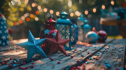 Festive backyard table set with patriotic decorations, star lanterns, and string lights. Perfect for a summer celebration or Fourth of July party.