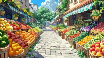 Obraz premium Capture a vibrant, wide-angle view of an organic market bustling with colorful vegetables and fruits, depicted in realistic digital art with rich textures and vivid hues
