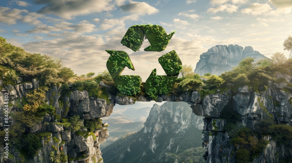 Poster an uplifting photorealistic artwork of the recycling symbol forming a bridge between two diverse lan