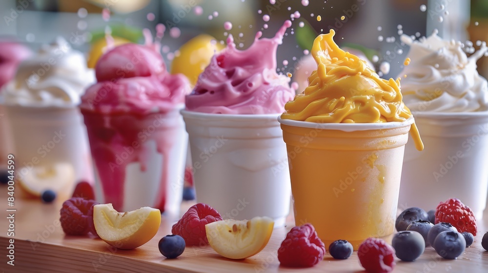 Poster close up various delicious cup of ice cream on wooden table with splash of fruit juice. generative a