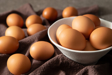 Fresh eggs on linen cloth	