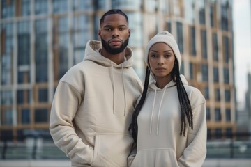 Naklejka premium African American man and woman wearing plain cream colored hoodies, streetwear style in front of a city background. The trendy fashion photography shows a full body shot