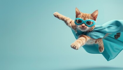 Superhero cat flying with blue mask and cape. Concept of feline heroism by AI generated image