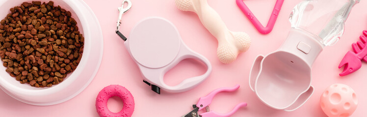 Pet care essentials on pink: food, toys, grooming tools. Banner design for pet-related content.