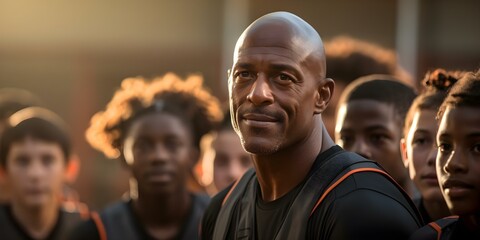 Coach motivating young basketball players during team huddle at elementary school game. Concept Sports Coaching, Youth Basketball, Motivational Speech, Team Huddle, Elementary School Game