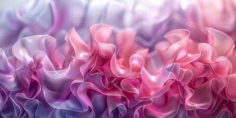 Fototapeta premium Abstract 3D render of pink and violet translucent film ruffles. Concept 3D Rendering, Abstract Art, Pink and Violet Colors, Translucent Materials, Ruffled Patterns