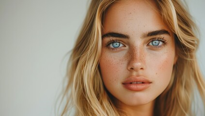 Naklejka premium Beautiful blonde woman with clean fresh skin on a white background, a close up portrait of a beautiful young girl after a facial treatment in a beauty salon, copy space for text