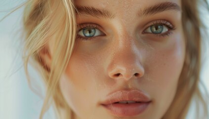 Beautiful blonde woman with clean fresh skin on a white background, a close up portrait of a beautiful young girl after a facial treatment in a beauty salon, copy space for text