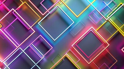 A geometric abstract with interlocking neon squares and rectangles in bright colors on a shadowy background, creating a 3D illusion.