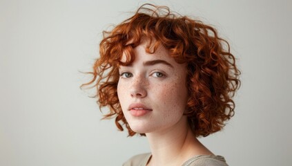 Beautiful young red head redhead woman with flawless skin. Portrait of a model wearing natural nude makeup and stroking her face. Spa, skincare, and wellbeing. Close up. On a pure white background