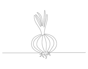 Continuous one line drawing of onion for grocery store. One line drawing illustration of red onion vegetable. Raw vegetable concept continuous line art. Editable outline.