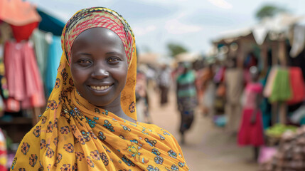 Fototapeta premium A vibrant portrait of a smiling woman in a colorful headscarf at a bustling market, embodying resilience and joy