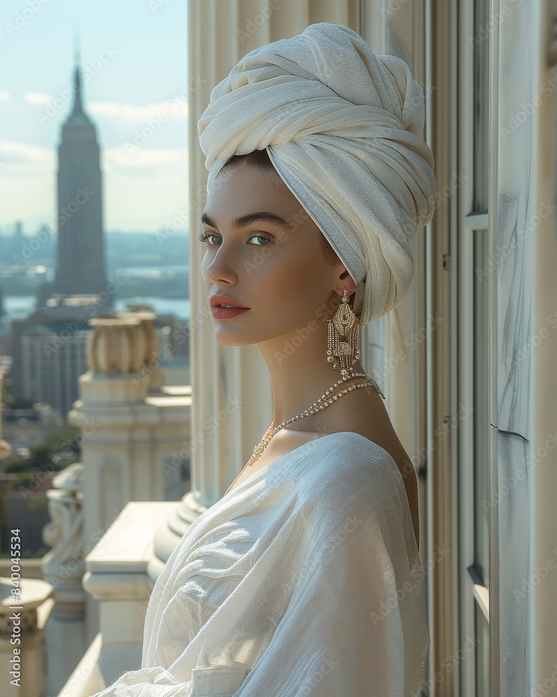 Wall mural model with white towel in her hair, long white shirt and luxury jewelry looking out onto the balcony