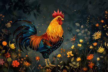 Fototapeta premium Beautiful Rooster or Cock Colorful Illustration. Intricate Details, Children's Book Illustration Style. Created with Generative AI