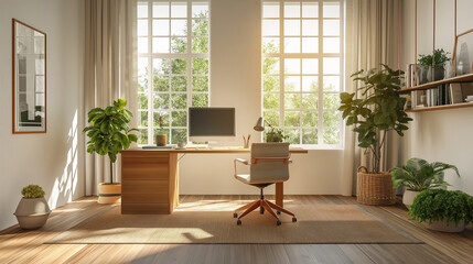 Fototapeta premium A high-resolution photograph of a modern office space featuring a large desk with a sleek computer setup, an ergonomic chair, and minimalist decor. Large windows let in plenty of natural light