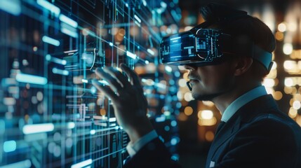 A businessman using a virtual reality headset to navigate a digital interface