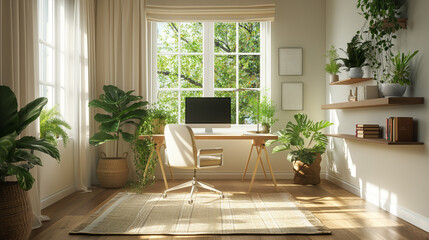 Fototapeta premium A high-resolution photograph of a modern office space featuring a large desk with a sleek computer setup, an ergonomic chair, and minimalist decor. Large windows let in plenty of natural light