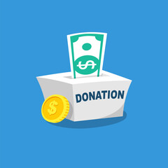 Money in a box for donations. Dollar banknotes. Donation box, isolated on background. Giving money. Vector illustration flat design. Isolated on background.