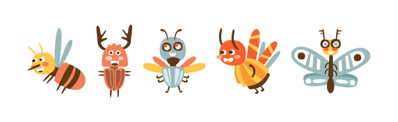 Funny Insect Character with Cute Smiling Face Vector Set