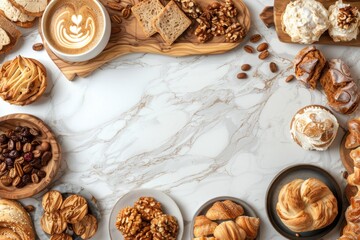 Overhead view of various coffee cups and snacks on a marble table, showcasing a delightful coffee break setup