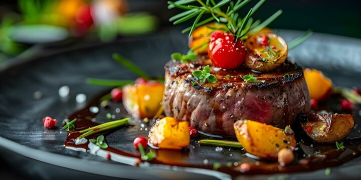 Delicious gourmet lunch dish featured in a restaurant advertisement. Concept Gourmet Lunch, Restaurant Advertisement, Mouthwatering Dish, Culinary Delights, Menu Highlight