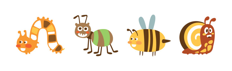 Funny Insect Character with Cute Smiling Face Vector Set