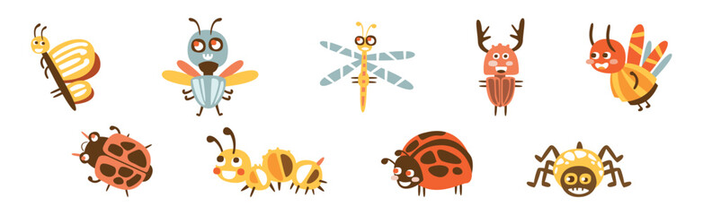 Funny Insect Character with Cute Smiling Face Vector Set