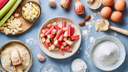 Fototapeta premium Top view of baking ingredients including rhubarb, eggs, flour, and butter on a blue background. The setup is colorful and inviting, suitable for baking, culinary, and food photography themes