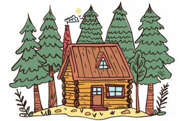 Cartoon cute doodles of a cozy cabin nestled among tall pine trees in the forest, Generative AI