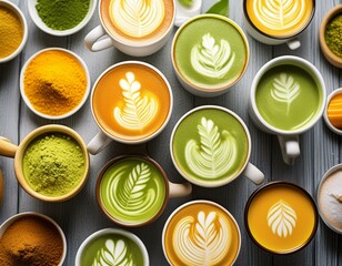 Many matcha and turmeric lattes in mugs with latte art overhead view